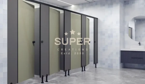 Aluminium powder-coated Elegance Series toilet cubicle partitions, sleek design & durability for modern Toilets