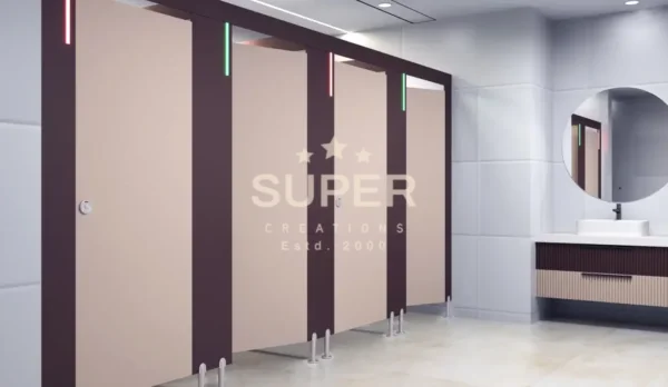 Modern Vogue Series toilet cubicle partitions in a restroom