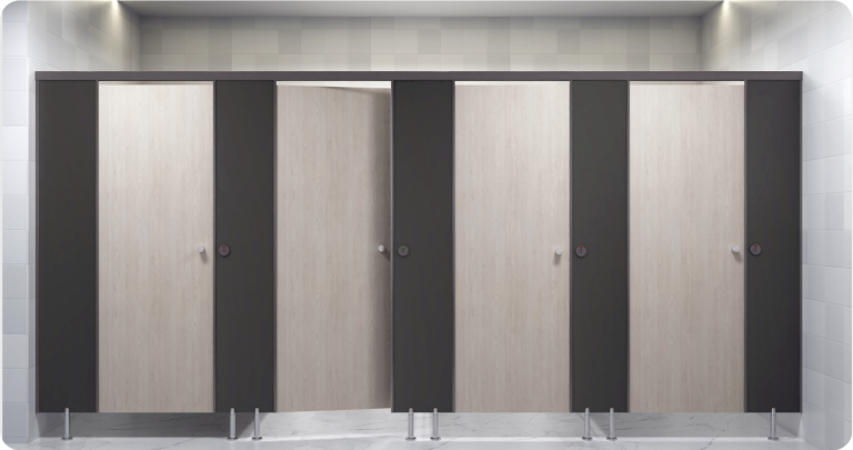 Modern HPL toilet cubicles with light wood doors and dark partitions installed by Super Creations in a tiled restroom