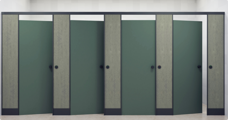Modern restroom cubicles with matte green doors and wood-textured panels by Super Creations.